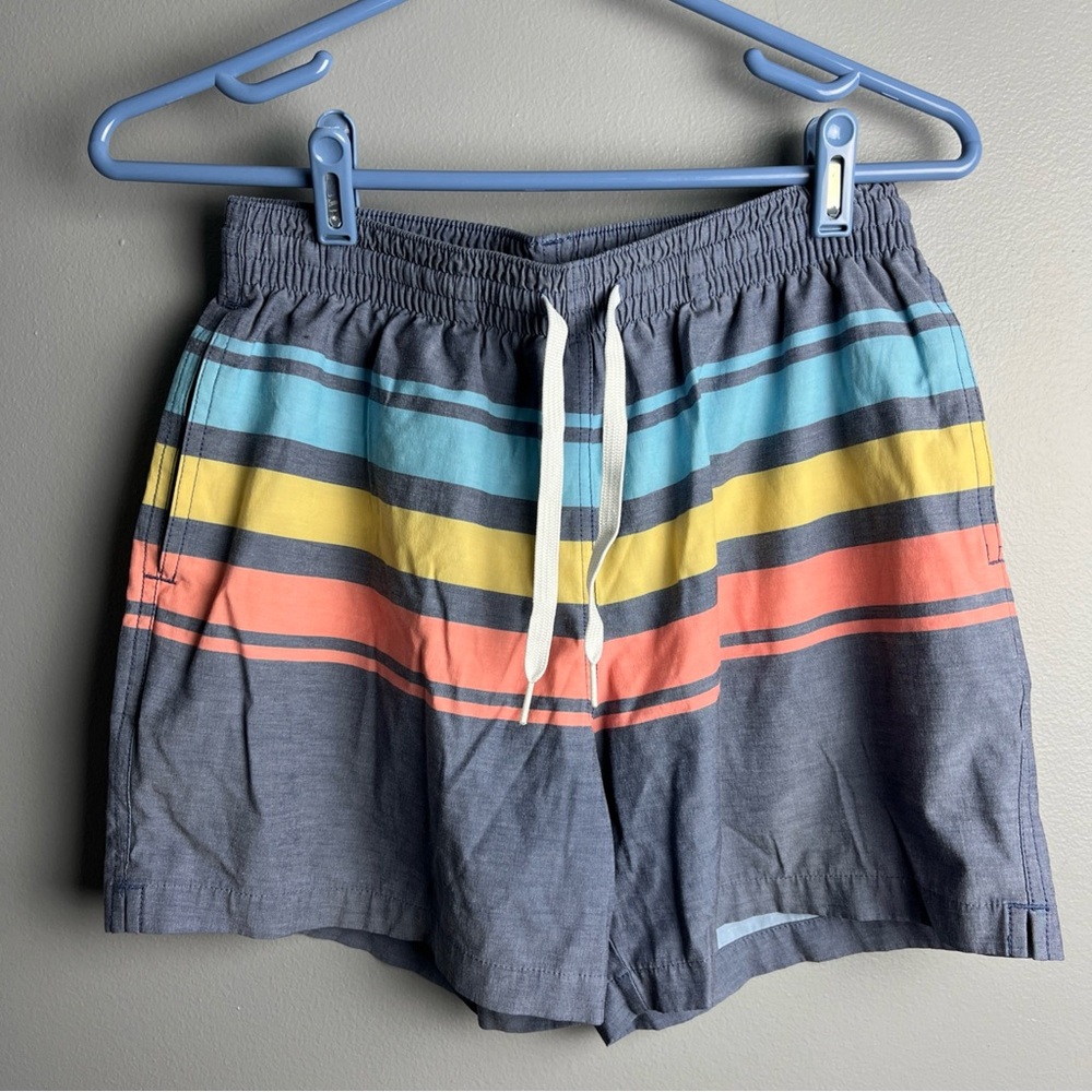 Chubbies Men's swim Shorts with Blue, Yellow, and Orange Stripes 5.0 inseam